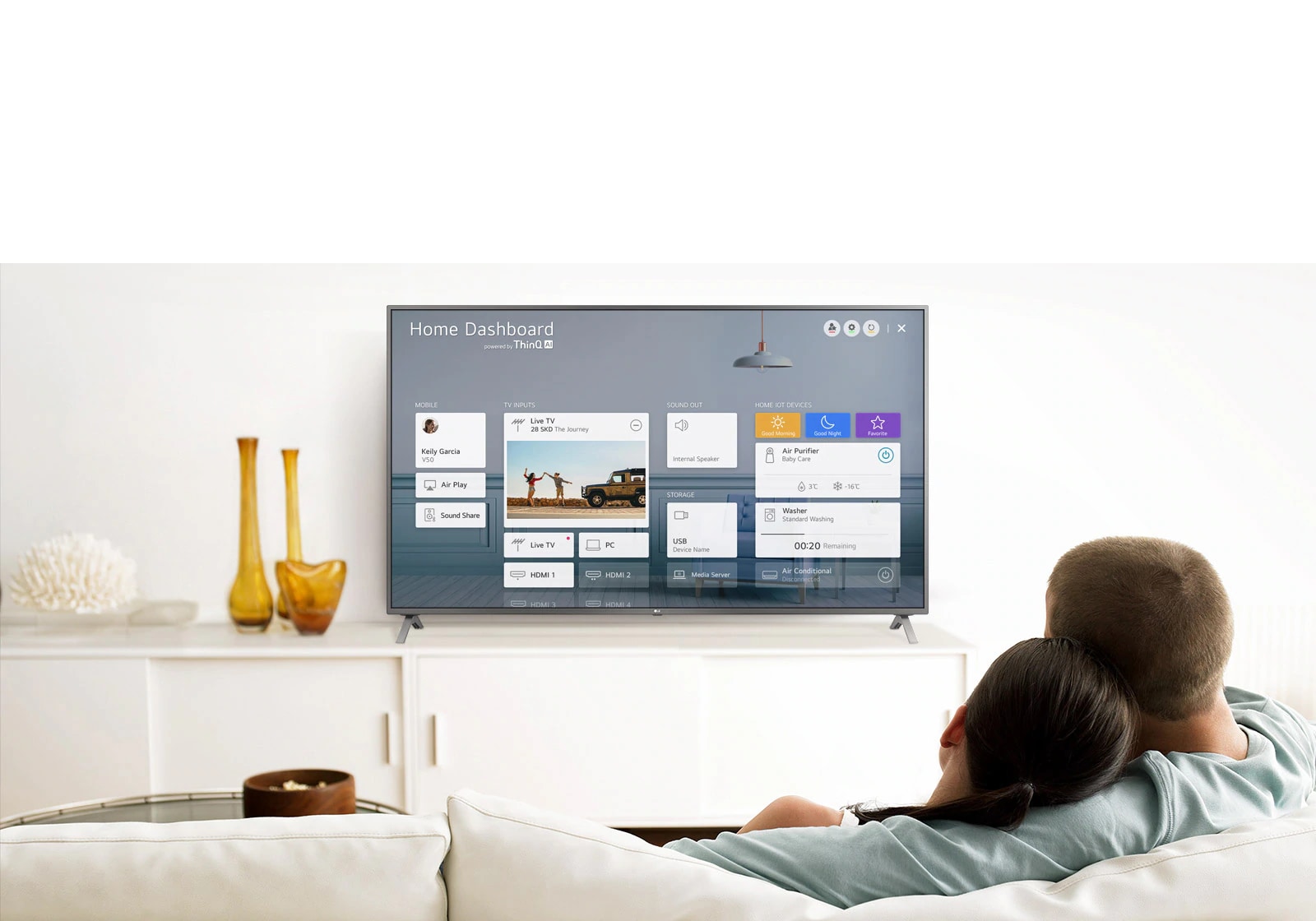 A men and women sitting on a sofa in the living room with the Home Dashboard on the TV screen.