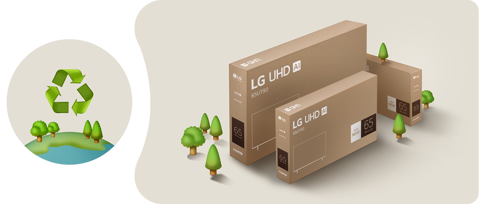 LG UHD packaging against a beige background with illustrated trees. 