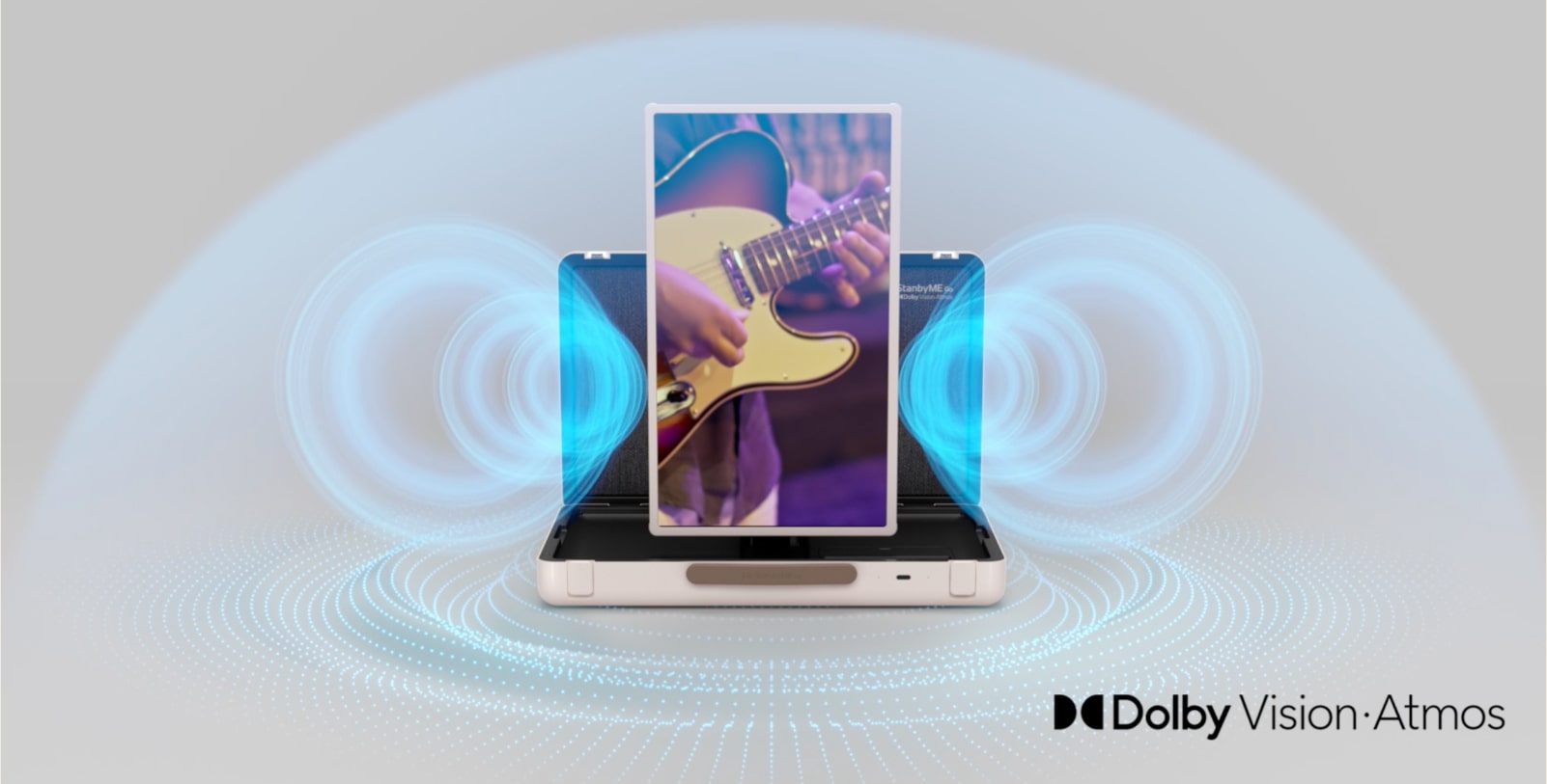 An animated clip of LG StanbyME Go shows a guitar-playing scene. In the beginning, the screen is set on table mode, and the sound graphics are coming directly out from the speaker. As the screen rise up horizontally, the sound graphics appear on both sides of the screen. As the screen is set on a vertical mode, the sound graphics are coming out from the speaker. And the sound dome covers the product, and the soundwave graphic keeps moving while the screen orientation varies.