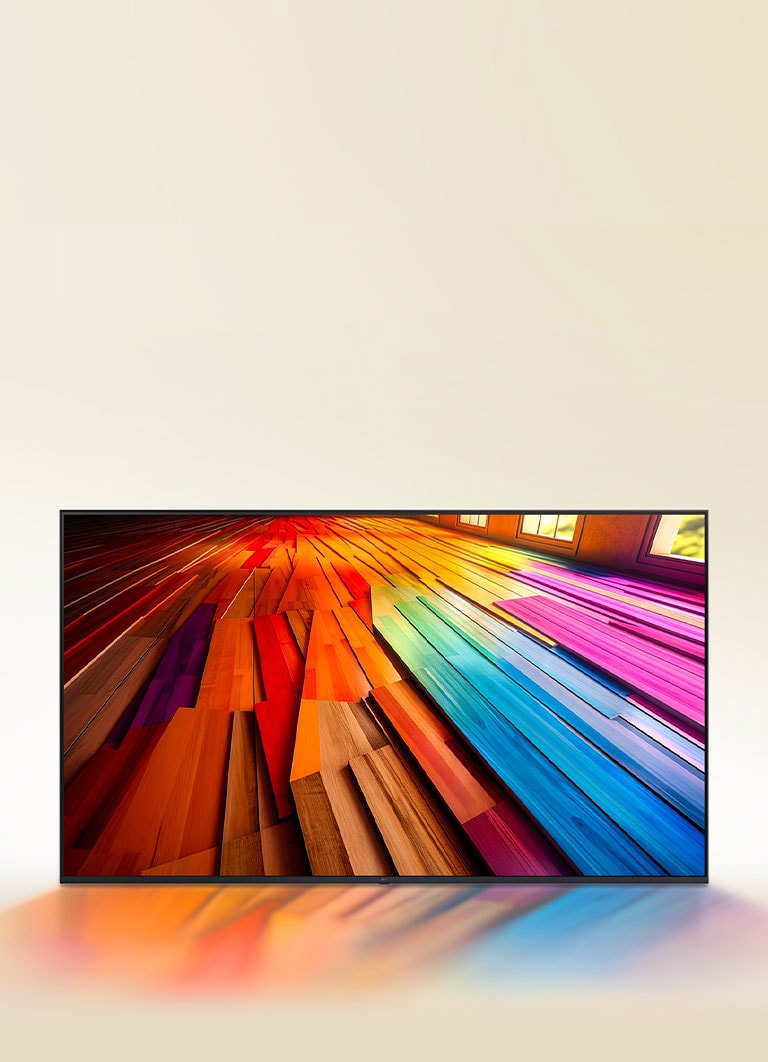 A vibrantly colored, long stretch of hardwood flooring is displayed on an LG UHD TV.