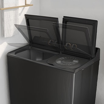 Top-loading washing machine lid opening smoothly at an angle, showing a soft-close hinge designed for quieter and safer
