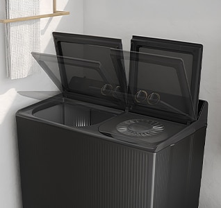 Top-loading washing machine lid opening smoothly at an angle, showing a soft-close hinge designed for quieter and safer