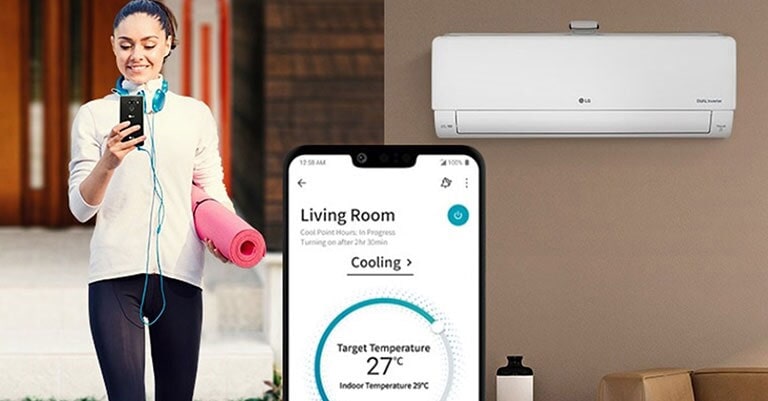 Using a smartphone to control the air conditioner outside.