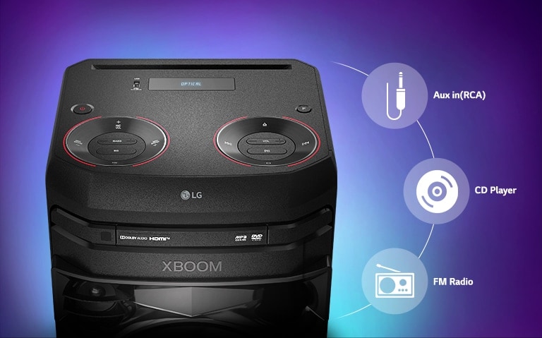 A close up of the top of LG XBOOM, connectivity icons are shown around the product.