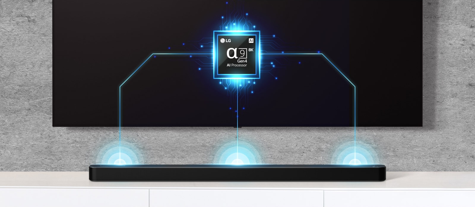There is an alpha nine chip image on TV and there is a soundbar right below. There are also soundwave effect coming out from soundbar. 