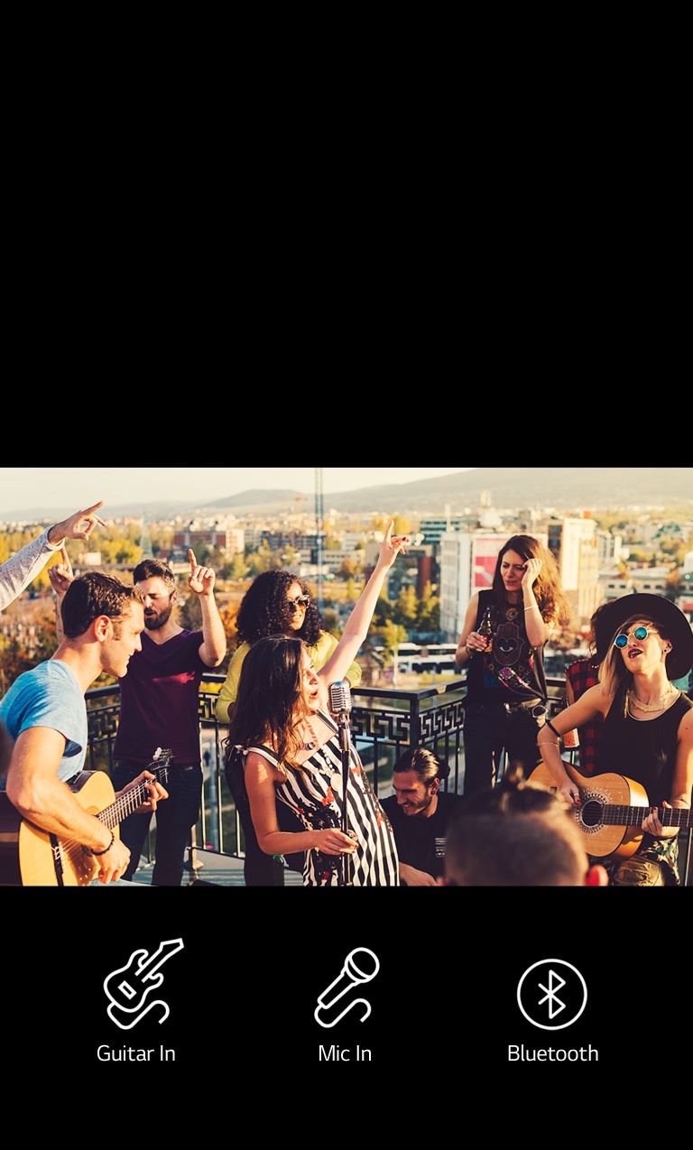There are people enjoying acoustic concert with LG XBOOM XL9T. Below the image, there are guitar, microphone and bluetooth icons are shown.