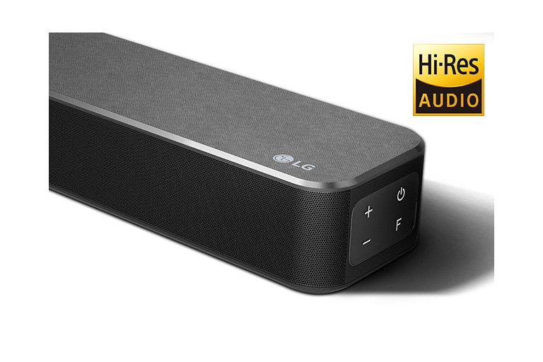 Close-up of LG Soundbar right side with LG logo shown on the bottom right corner. Hi-Res logo shown above the product. 