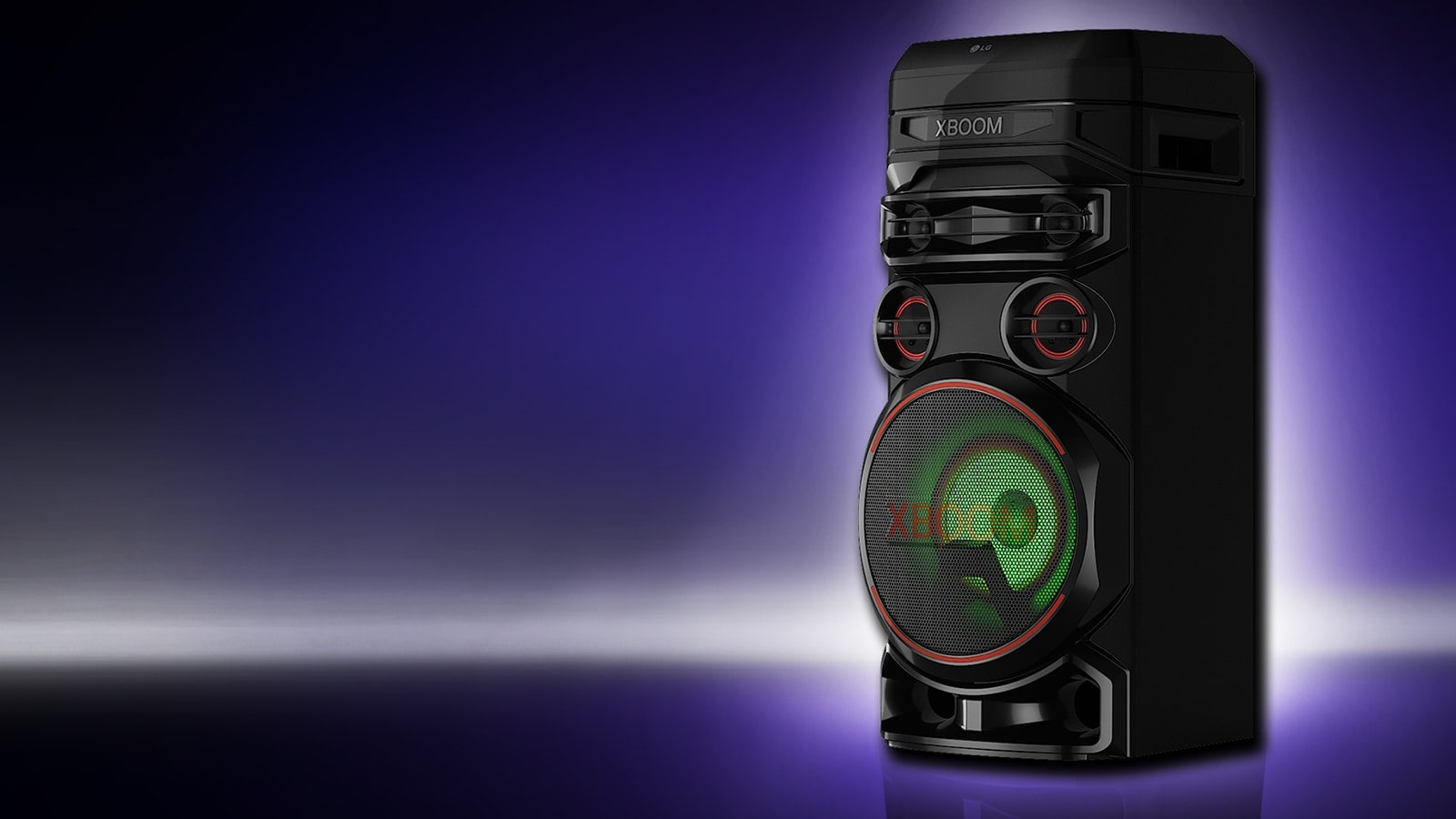 A low angle view of the right side of LG XBOOM against a purple background. The XBOOM lights are red.