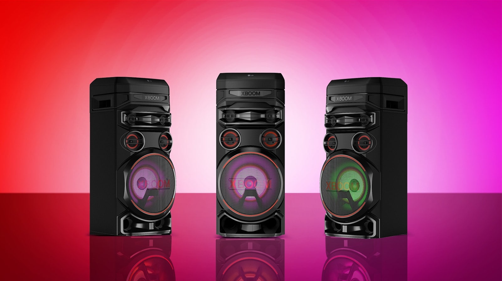 A video preview showing the different lighting of three LG XBOOMs.