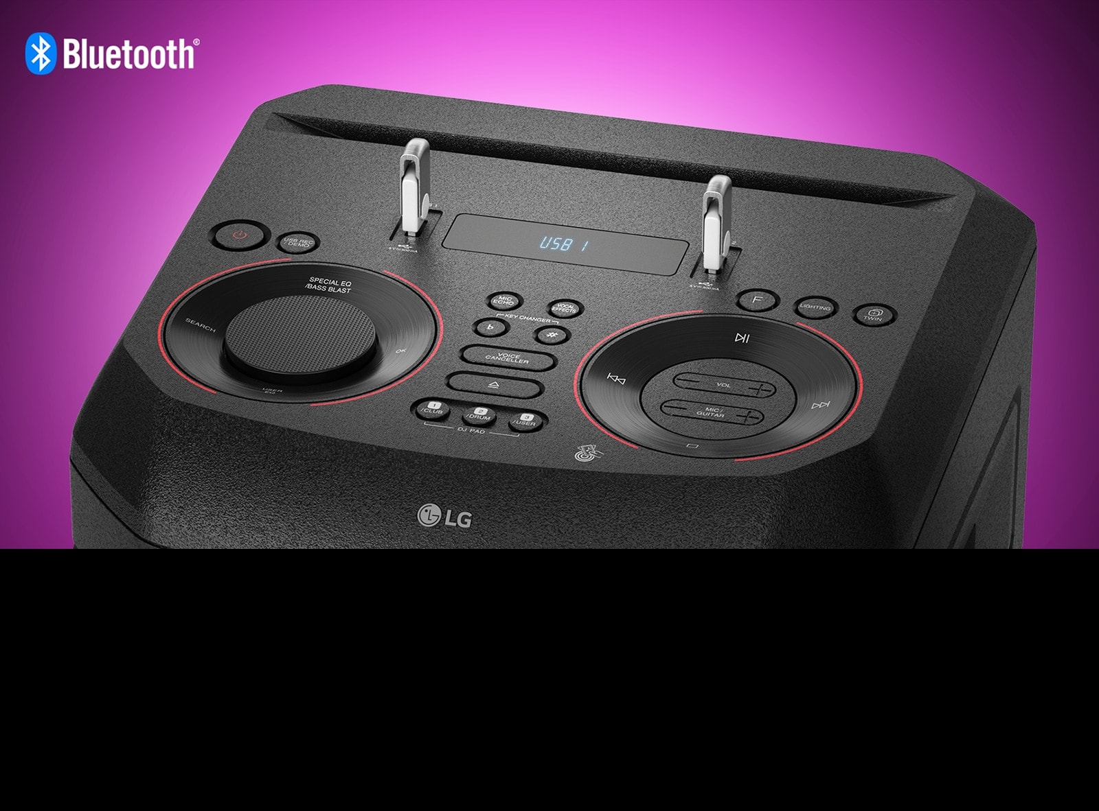 A closeup view of controls on top of LG XBOOM, with two USBs plugged in. A Bluetooth logo is shown in the upper left corner.