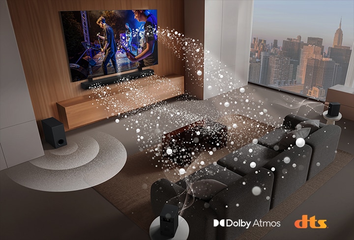 LG Soundbar, LG TV and a subwoofer are in a living room of a skyscraper, playing a musical performance. White soundwaves made up of droplets project from the soundbar, looping around the sofa. A subwoofer is creating a sound effect from the bottom. Dolby Atmos logo DTS X logo
