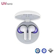 LG TONE Free HBS-FN6 Bluetooth® Wireless Stereo Earbuds with UVnano Charging Case and Meridian Audio, LG TONE Free HBS-FN6 Bluetooth® Wireless Stereo Earbuds with UVnano Charging Case and Meridian Audio, A top view of a cradle opened up and two earbuds inside it with UV lighting on, HBS-FN6, HBS-FN6, thumbnail 1