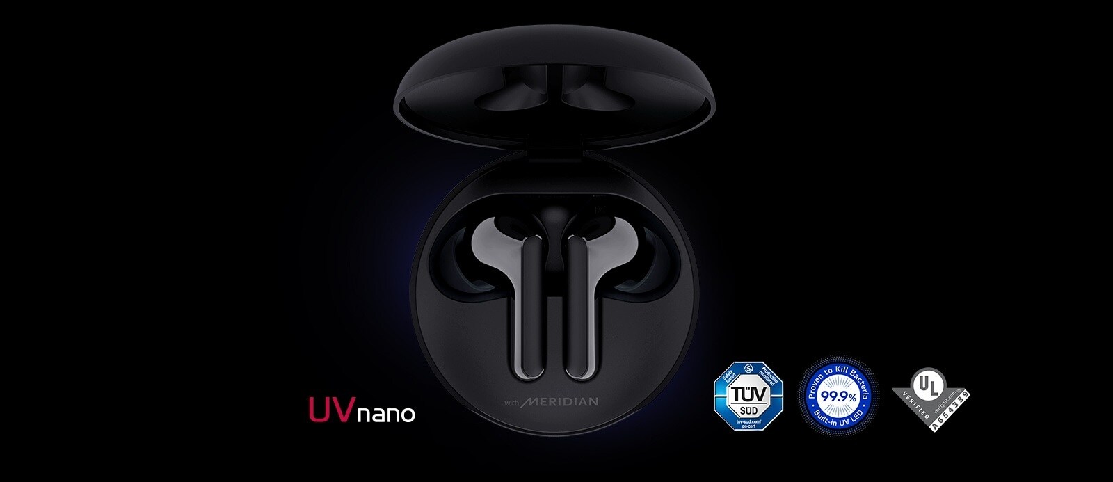 An image of the cradle opened up with earbuds sitting inside it and blue lighting shining to highlight the UVnano feature 
