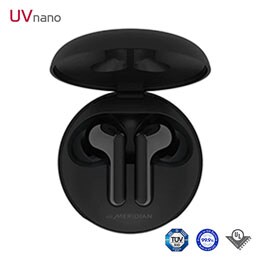 A top view of a cradle opened up and two earbuds inside it 2