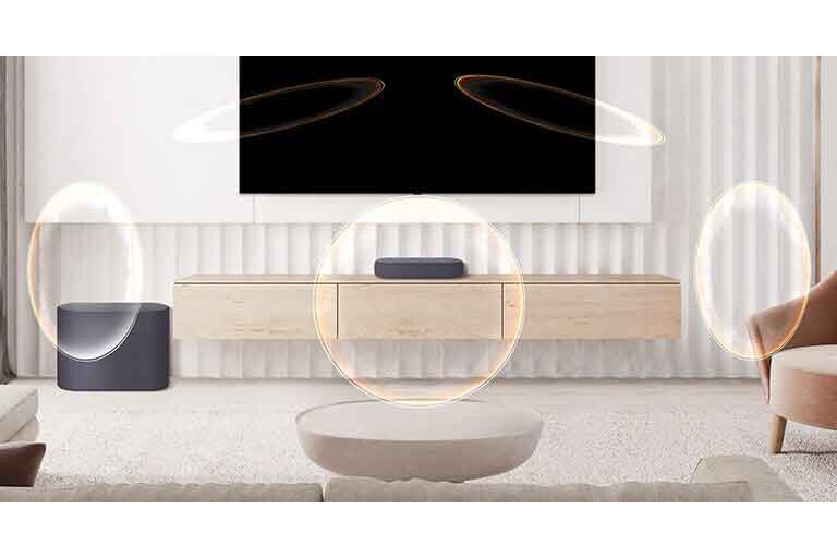 A soundbar is placed on a wooden cabinet under TV and subwoofer is placed on the left side. A sound wave effect is coming out from the soundbar.