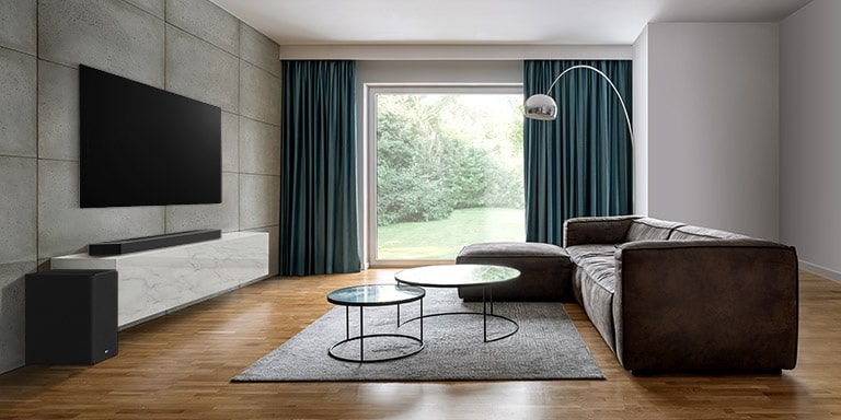 There is TV, a soundbar, and a subwoofer in a wide living room. A wave with grid is coming out from soundbar, measuring the entire space of living room. 