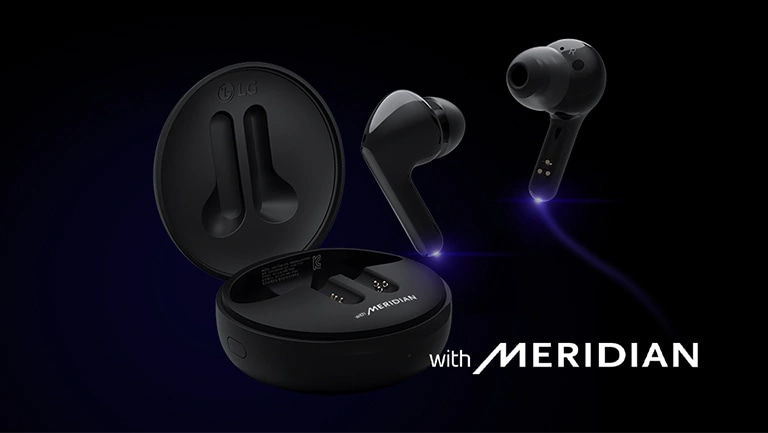 An image of earbuds floating over an opened-up cradle with blue lighting highlighting the bottom stems of the earbuds