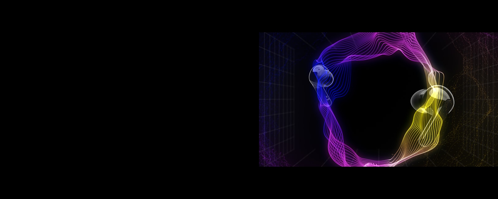 An image of two earbuds floating in a virtual space with colorful lighting surrounding the space