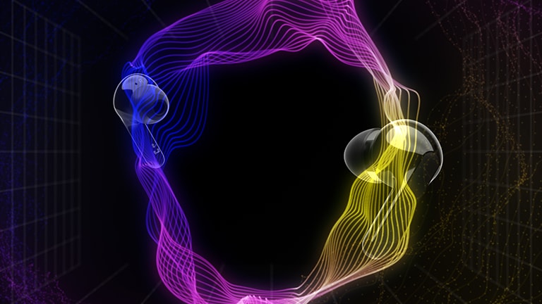 An image of two earbuds floating in a virtual space with colorful lighting surrounding the space