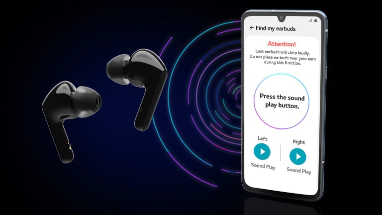 An image of a phone and earbuds in a virtual space with blue, purple, red lines circling on the background