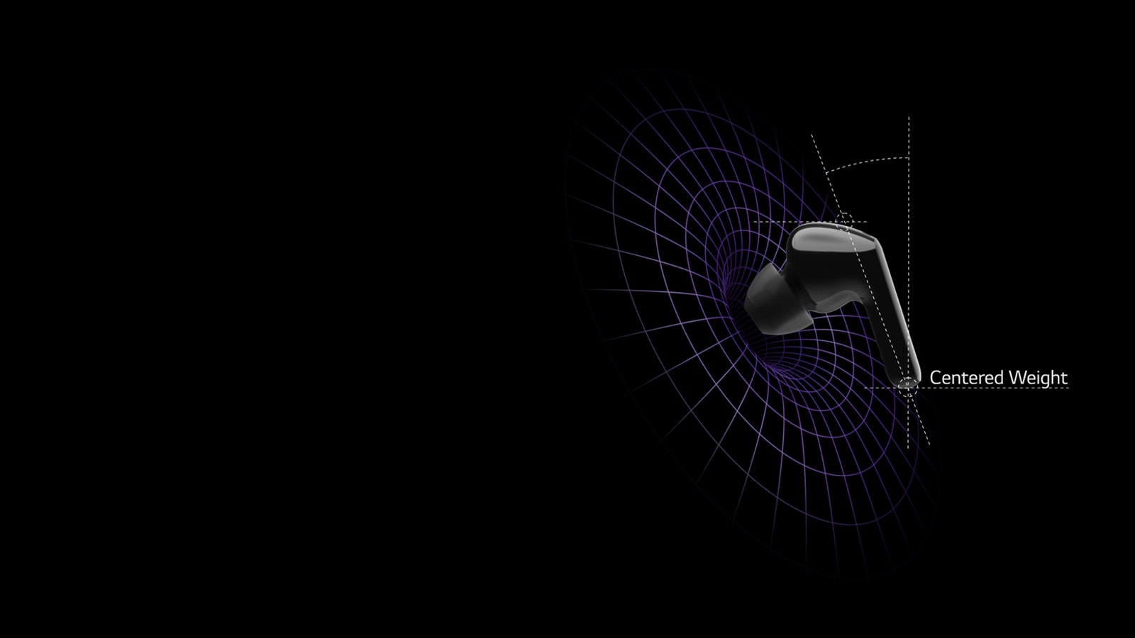 An image of an earbuds in a virtual space with diagrams showing that the weight is centered on the head of the earbud