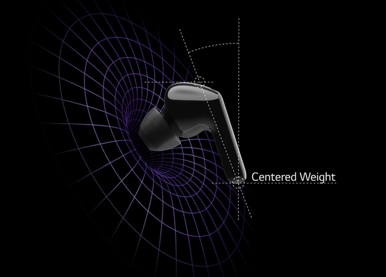 An image of an earbuds in a virtual space with diagrams showing that the weight is centered on the head of the earbud