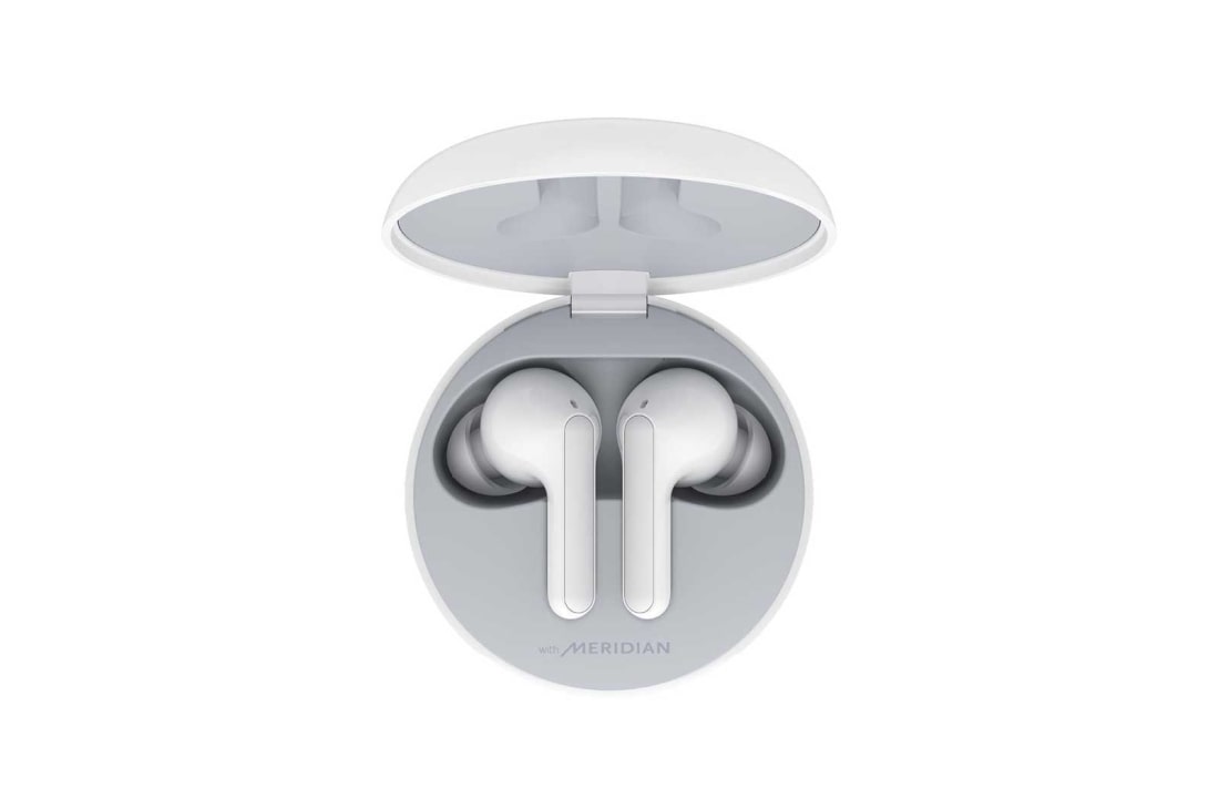 LG TONE Free FN4 (White), A top view of a cradle opened up and two earbuds inside it, HBS-FN4