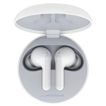 A top view of a cradle opened up and two earbuds inside it1