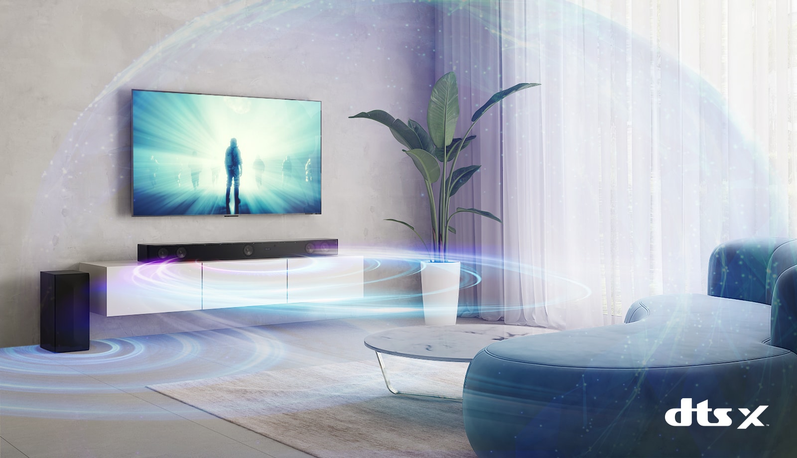 In the living room, LG TV is on the wall. A moive is playing on TV screen. LG Sound bar is right below TV on a beige shelf with a rear speaker is placed on left. Dolby Atmos Virtual logo shown on right bottom of image.