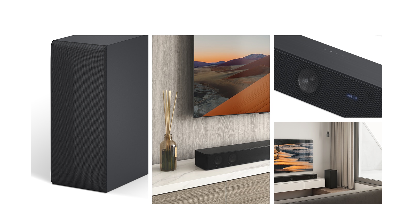 From left, an image of sub woofer, Close up of LG TV, showing the mountain on the screen and LG Sound Bar below. On the right, from top-bottom: close-up of LG Sound Bar. LG TV, showing a beach at sunset, and LG Sound Bar, sub woofer is placed in the living room.
