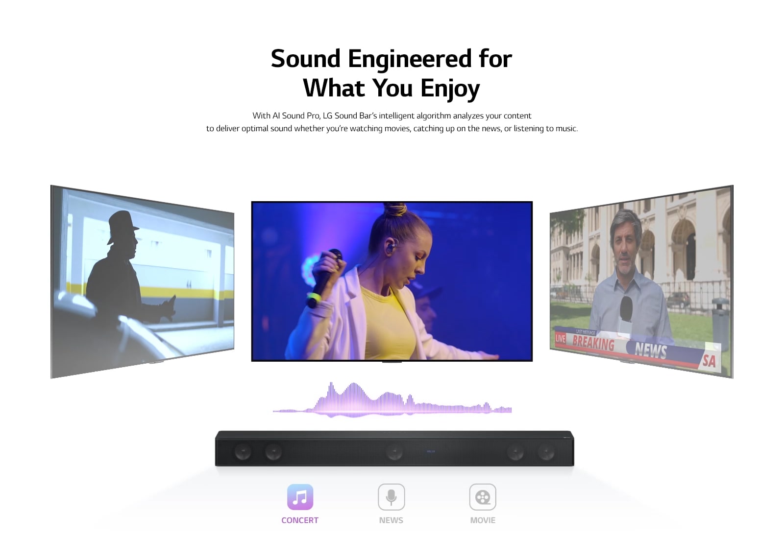 TV shows a concert, the channel is switched to News and an anchor is speaking, and channel once again is switched to a movie scene. LG Sound Bar is right below TV in the infinite space. Play the video.