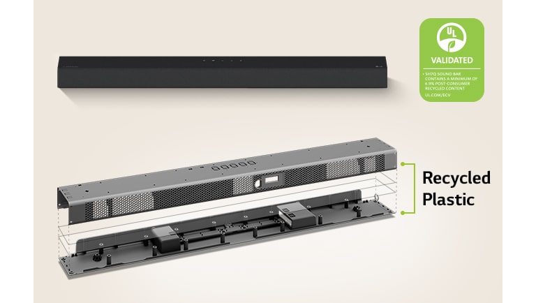 There is a front view of sound bar behind and a metal frame image of sound bar in front.