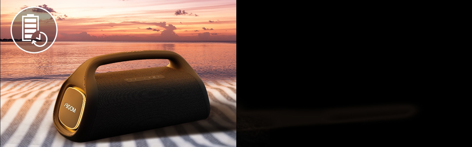 The speaker is placed on a beach towel. In front of the speaker, it shows sunset beach to illustrate that this speaker can be played longer.