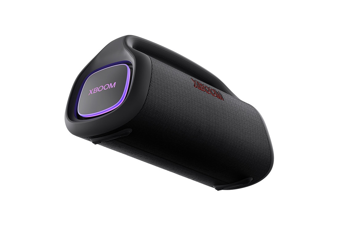LG XBOOM Go XG9QBK Portable Bluetooth Speaker with Stage Lighting and up to 24HR Battery, Low angle with left side forward, purple lighting is on, XG9QBK, thumbnail 10