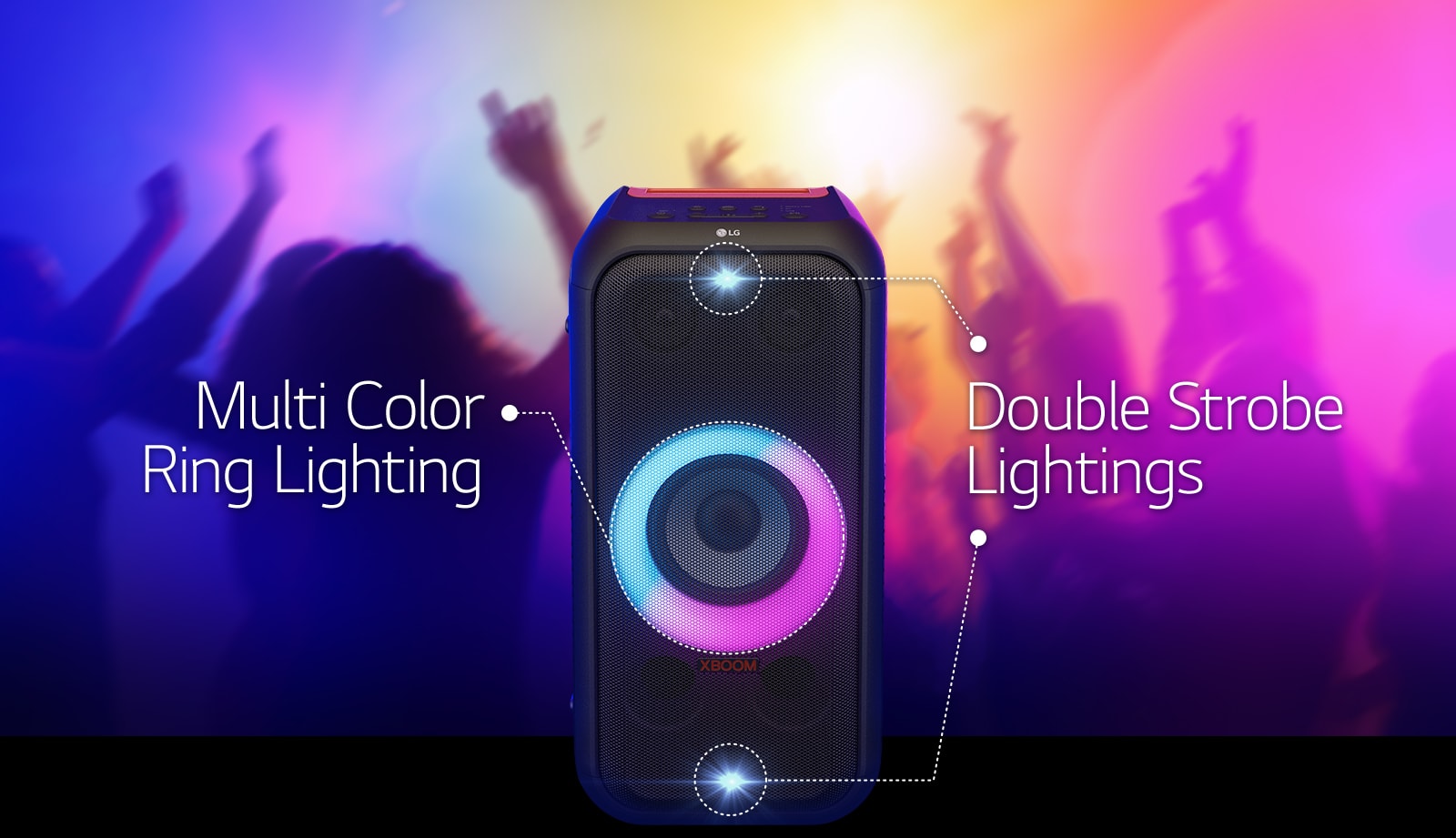 Front view of the speaker. There is a line to inform each part of the lighting. On top and bottom, double strobe lighting. In the middle, pink and cyon gradient multi color ring lighting is on.