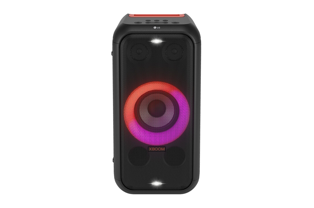 LG XBOOM PARTY SPEAKER XL5S PORTABLE SPEAKER - BLUETOOTH, 12HRS BATTERY, IPX4, SOUND BOOST, Front view with all lighting on., XL5S