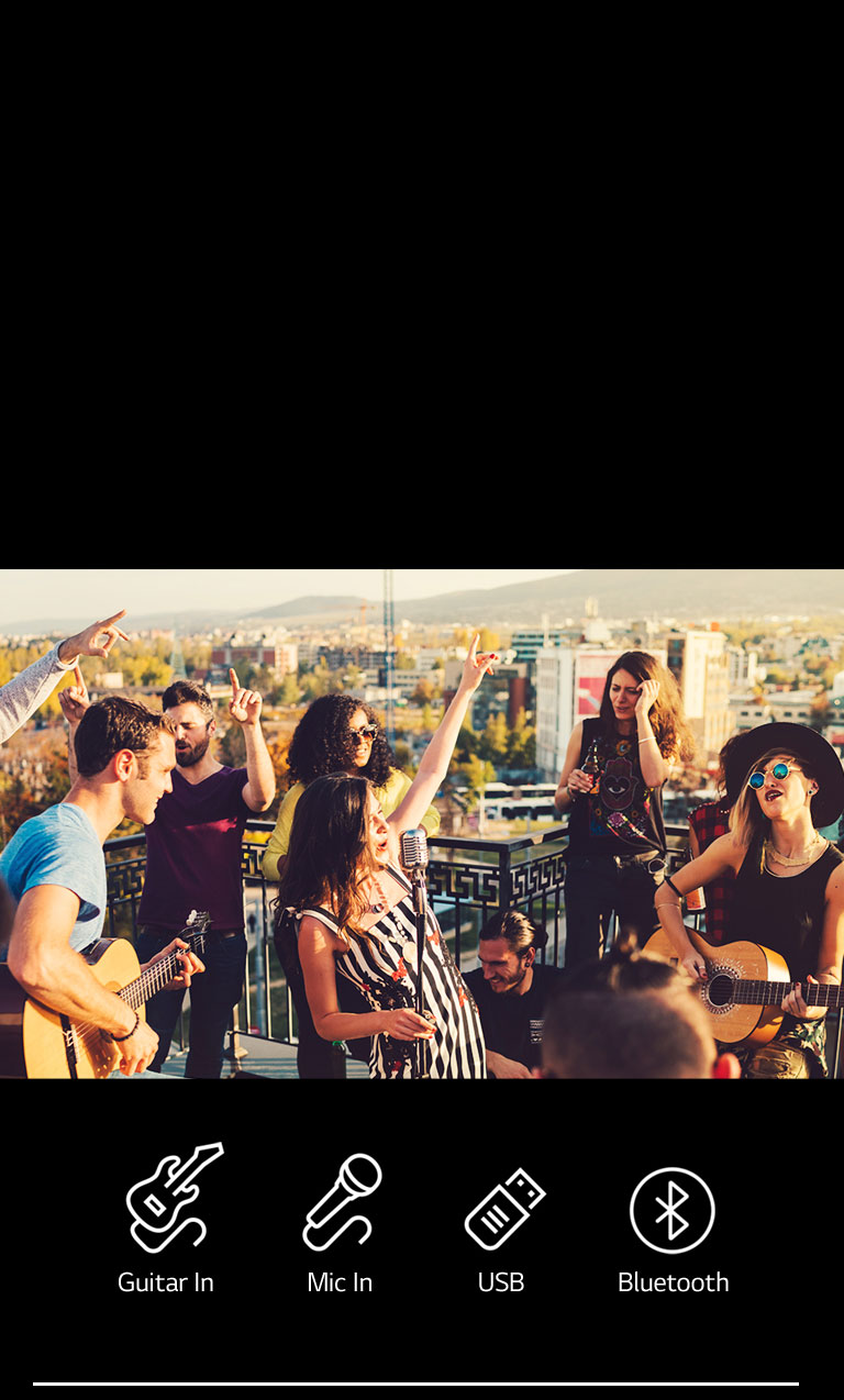 There are people enjoying acoustic concert with LG XBOOM XL7S. Below the image, there are guitar 