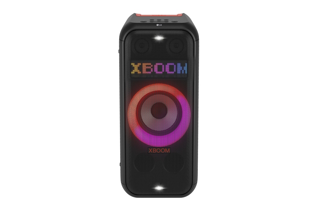 LG XBOOM PARTY SPEAKER XL7S PARTY SPEAKER - TELESCOPIC HANDLE & WHEELS, BLUETOOTH, 20HRS BATTERY, IPX4, SOUND BOOST, Front view with all lighting on. On the Dynamic Pixel Lighting panel, it shows the text; XBOOM., XL7S