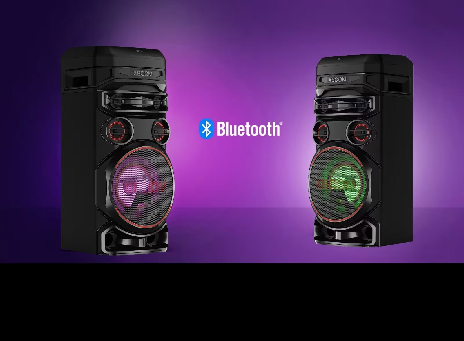 Two LG XBOOMs facing each other at diagonal angles against a purple background with a Bluetooth logo in between.