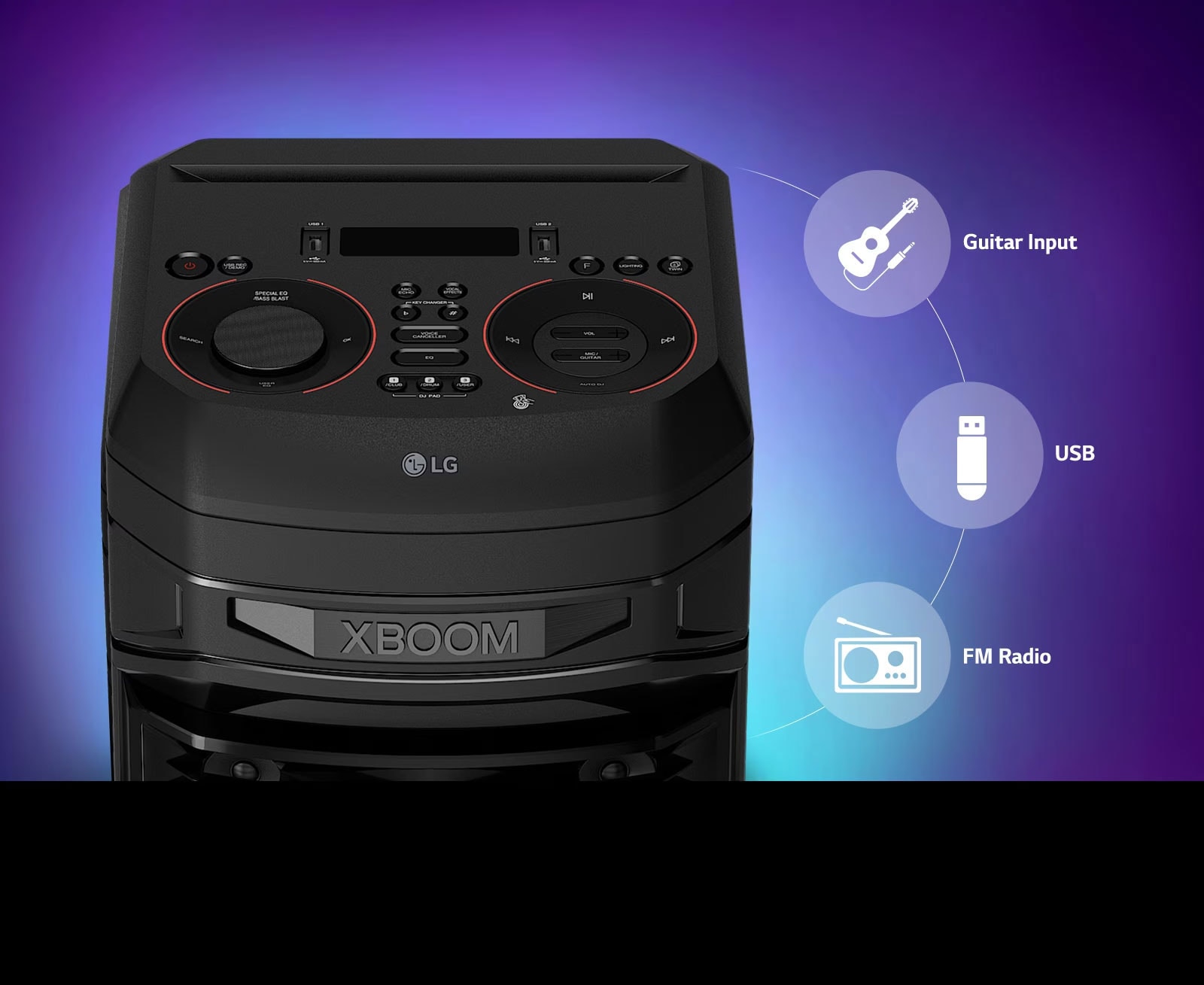 A close up of the top of LG XBOOM, connectivity icons are shown around the product.