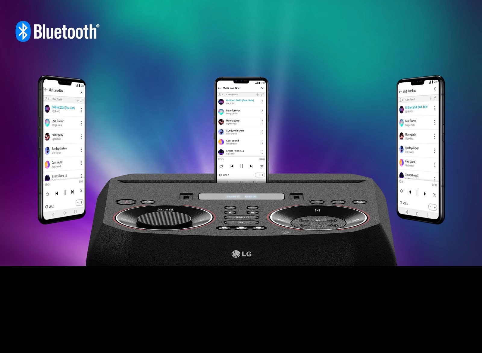 A smartphone is on an LG XBOOM with two other smartphones floating around it. A Bluetooth logo is in the upper left corner.