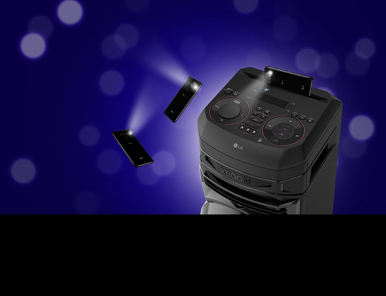 A close-up view of the top of LG XBOOM. Two flashing smartphones are floating around it.