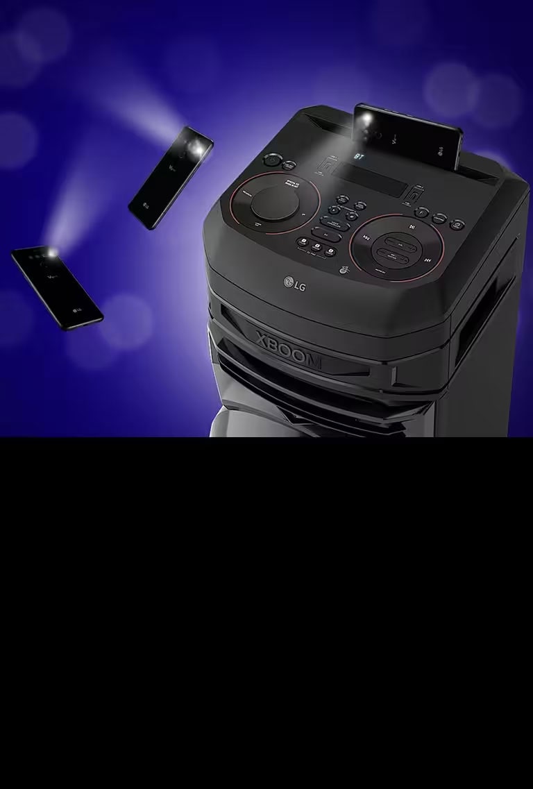 A close-up view of the top of LG XBOOM. Two flashing smartphones are floating around it.