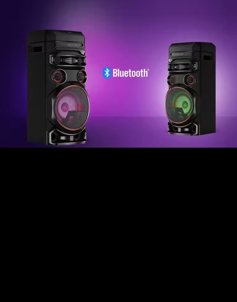 Two LG XBOOMs facing each other at diagonal angles against a purple background with a Bluetooth logo in between.