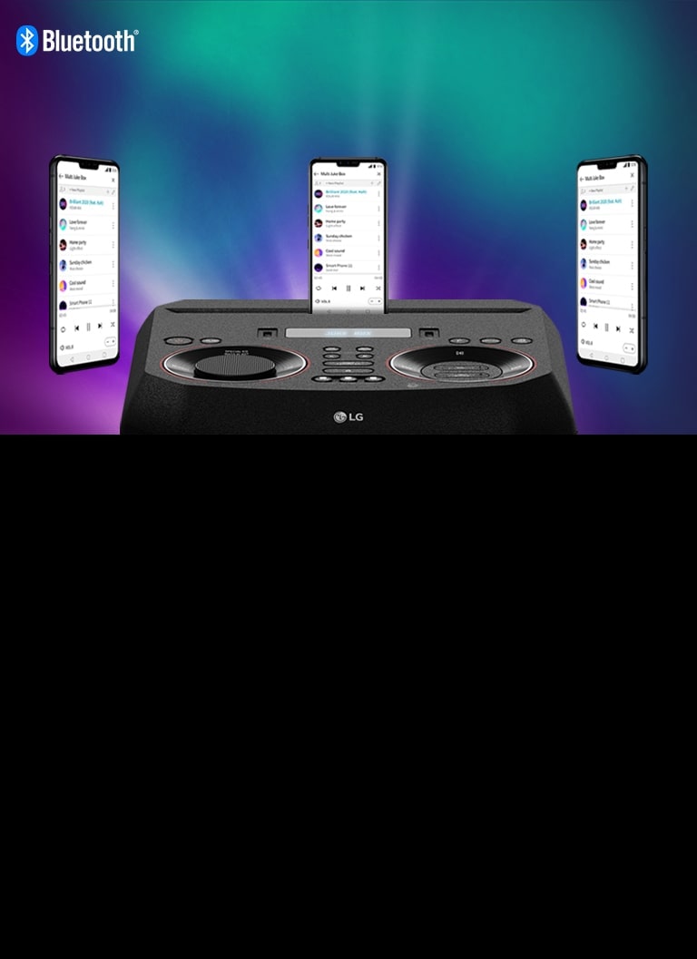A smartphone is on an LG XBOOM with two other smartphones floating around it. A Bluetooth logo is in the upper left corner.