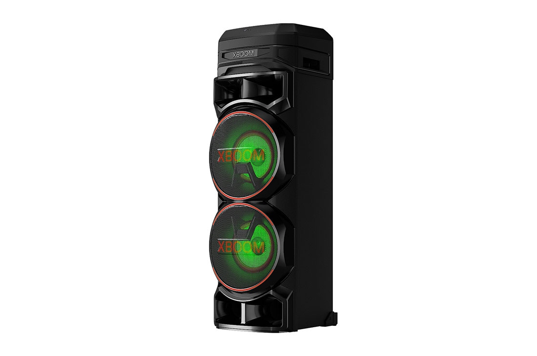 LG XBOOM RNC9 PARTY SPEAKER - MULTI BLUETOOTH, POWERFUL BASS, MIC AND GUITAR INPUT, front view with green lighting, RNC9, thumbnail 3