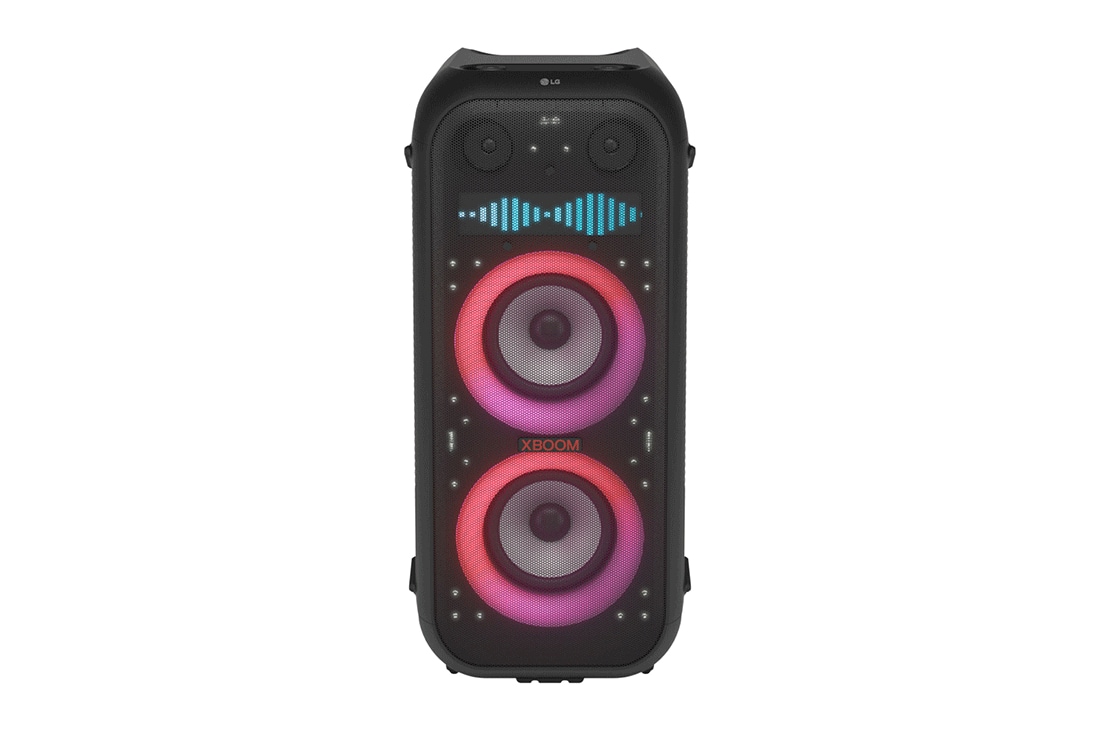 LG XBOOM PARTY SPEAKER XL9T PARTY SPEAKER - TELESCOPIC HANDLE & WHEELS, BLUETOOTH, IPX4, SOUND BOOST, Front view with all lighting on. On the Pixel Art Display panel, it shows the sound eq., XL9T