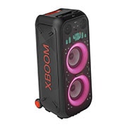 LG XBOOM PARTY SPEAKER XL9T PARTY SPEAKER - TELESCOPIC HANDLE & WHEELS, BLUETOOTH, IPX4, SOUND BOOST, Right side forward with all lighting on. On the Pixel Art Display panel, it displays the dancing cactus., XL9T, thumbnail 3