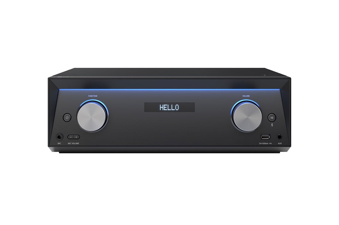 LG ﻿LG MR11 2300W, 4.2Ch AV Receiver System, Front view of multimedia receiver with blue lighting is on. 'Hello' is displayed on the panel, MR11, thumbnail 5