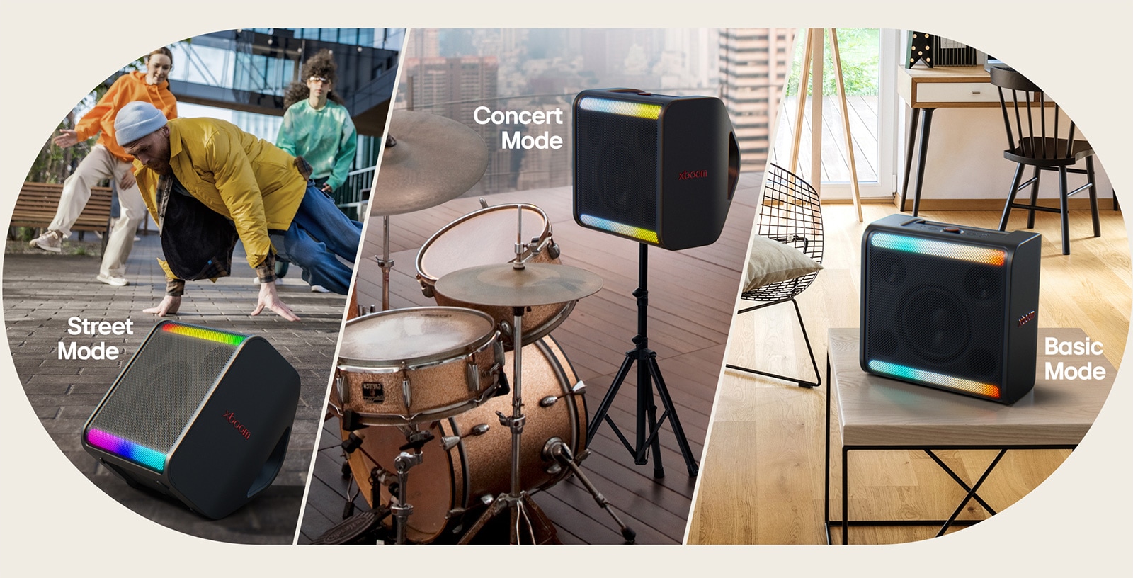 On the left xboom Stage 301 stands on the ground in front of dancing peoeple. In the middle part xboom Stage 301 is placed on its stand next to drums. On the right xboom Stage 301 stands on a table in a living room.	